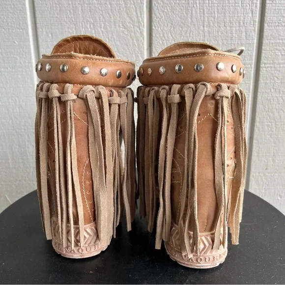 El Vaquero Italy Suede Wedge Moccasin Fringe Ankle Boots Booties Tan Size 36 / 6 - Picture 5 of 9